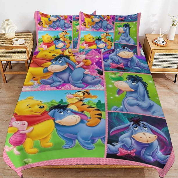 Winnie The Pooh Bed Duvet Cover Microfiber Bedding Sets 3D Printed Lightweight 3 Piece Comforter Sets for Kids Boys Girls