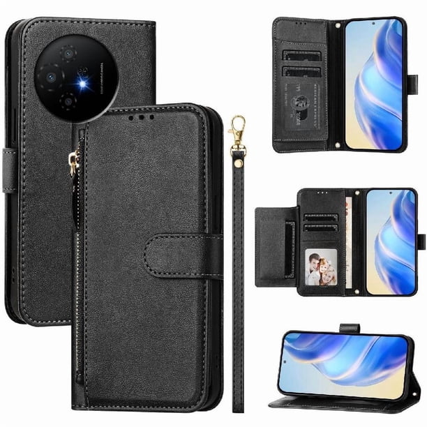 Funda tipo cartera para TCL 50 XL con bolsillo con cremallera, tarjetero, soporte, correa para la muñeca y tapa de cuero Negro