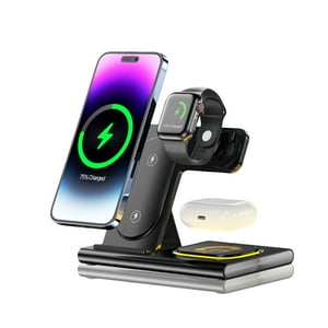 Genérico - Estación De Carga Inalámbrica 3 En 1 De 15 W Para Iphone Apple Watch Airpods Con Imán, Ángulo Ajustable, Diseño Plegable, Luz Nocturna Y Protección Contra Sobrecarga-Negro
