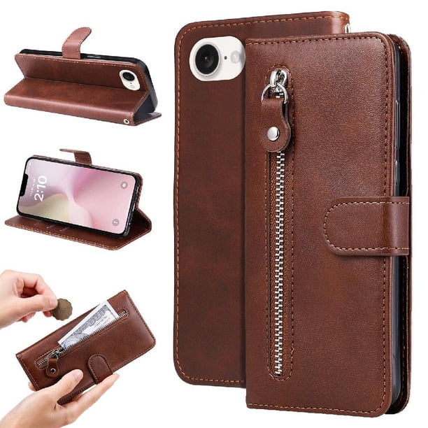 Funda tipo cartera para iPhone 16e con bolsillo con cremallera y ranuras para tarjetas – Función de soporte Marrón