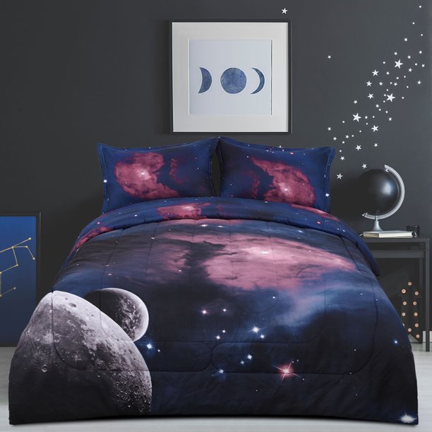 REGALWOVEN Juego de Edredón Galaxias Fucsia de 3 Piezas para Cama Individual, Juego Acolchado para Todas las Estaciones, Galaxia Fucsia, Incluye 1 Edredón, 2 Fundas de Almohada