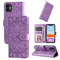 Funda Tipo Cartera Foxdock Para Iphone 11 , Diseño Girasol En Relieve, Cuero Pu, Cierre Magnético, Soporte Y Tarjetero