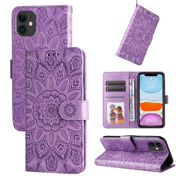 Funda tipo cartera FOXDOCK para iPhone 11 , diseño girasol en relieve, cuero PU, cierre magnético, soporte y tarjetero
