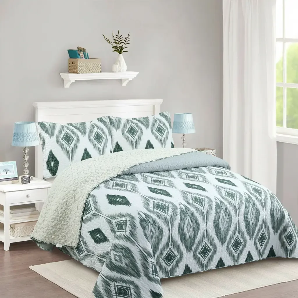 Casadeliacl - Cubrecama Quilt Sherpa 2pl Verde Bosque Sobre Fondo Blanco Geométrico Étnico