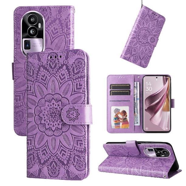 Funda tipo cartera FOXDOCK para OPPO Reno 10 Pro Plus , diseño girasol en relieve, cuero PU, cierre magnético, soporte y tarjetero