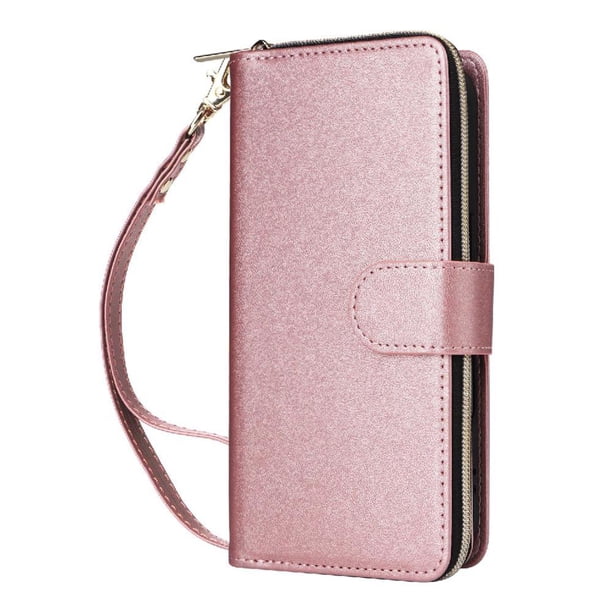 Funda Cartera con Cremallera y Correa para Samsung Galaxy A14 Soporte y Tarjetero Oro rosa