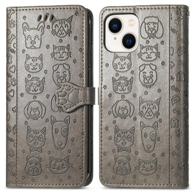 Funda Cartera FOXDOCK para iPhone 15 , Flip PU con Relieve de Gatos y Perros, Tarjetero y Soporte