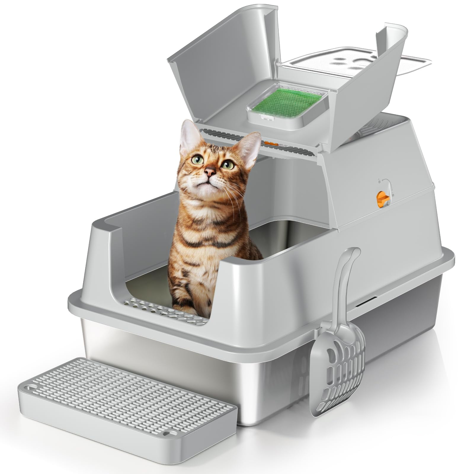 Caja De Arena Para Gatos Eosarcu De Acero Inoxidable 180° Con Tapa Abatible Xl