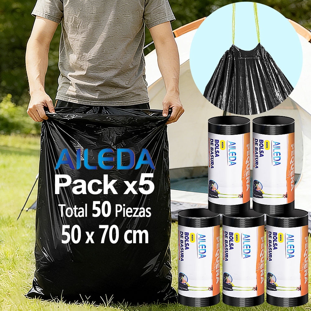 Aileda Bolsa De Basura Con Cordón Pequeña 50x70 Cms - Cierre Fácil 5 Rollo Con En Total 50 Unidades