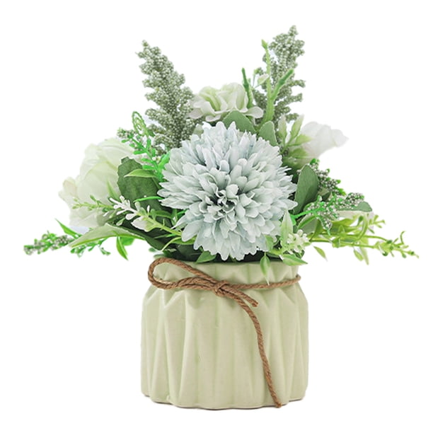 Ramo de hortensias de imitación en pequeño jarrón de cerámica, decoración para mesa de comedor, hogar, fiesta, oficina.