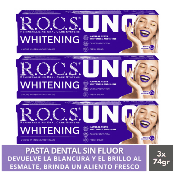 Pack 3  Pasta Dental Blanqueadora Rocs Uno Whitening 74g Sin Fluor