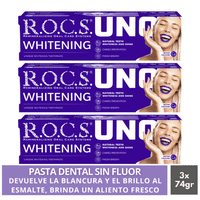 Pack 3 Pasta Dental Blanqueadora Rocs Uno Whitening 74G Sin Fluor