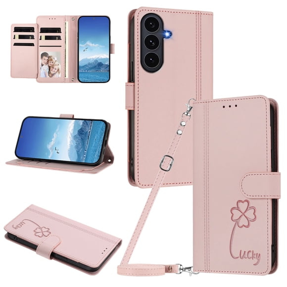 Funda Cartera Trébol para Samsung Galaxy S26 FE con Ranuras Tarjetas y Carga Inalámbrica Rosa