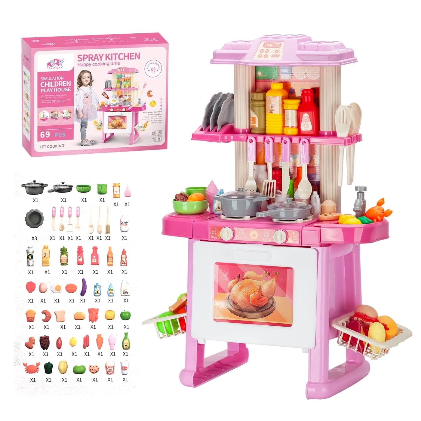 Anikids - Cocina De Juguete Grande 69pcs Niños Vapor Luz Sonido 71cm