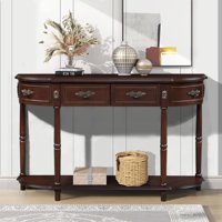 M&Ms - Retro Curved Wood Console Table, 52 Inch Circular Half Moon Sofa Table With Open Shelf And 2 Drawers, Solid Wood Entry Table For Living Room, Hallway, Espresso