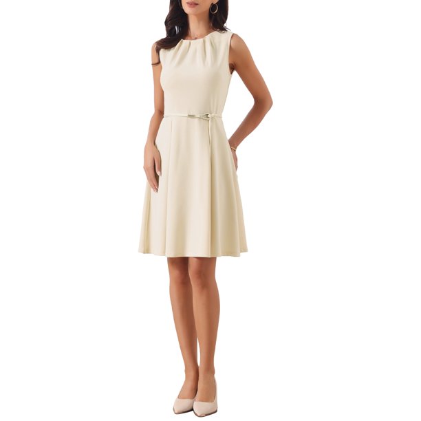 INSPIRA CHIC Vestidos de Trabajo para Mujeres Sin Mangas Elegante Cuello Plisado Largo a la Rodilla Vestido Línea A M Beige