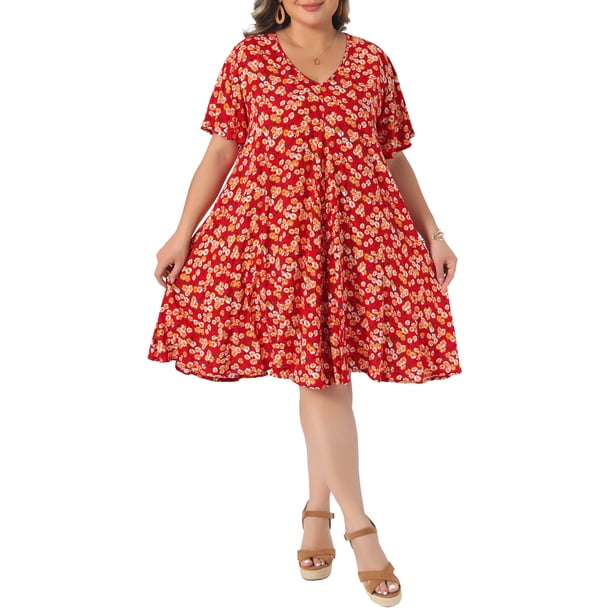 Vestido de verano con estampado floral de escote en V y manga corta para mujer de talla grande Agnes Orinda, con bolsillos, 2X Rojo