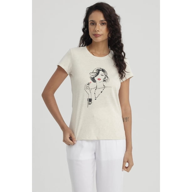 Polera Mujer Print Mujeres Con Aplicación Beige