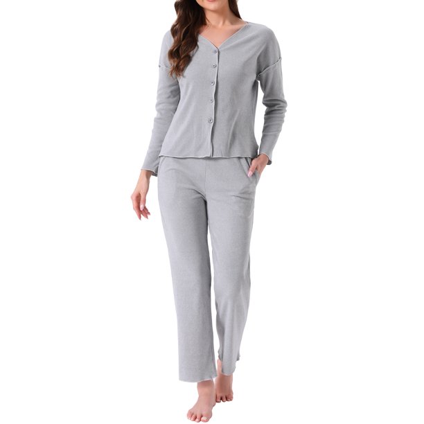 Conjuntos de pijama para mujeres con botones, manga larga, cuello en V, ropa de descanso, pantalones de cintura elástica, 2 piezas con bolsillos, talla S, gris