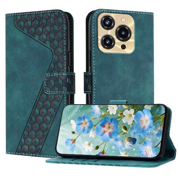 Funda tipo cartera para Oukitel C68 con tarjetero, bolsillo para billetes, soporte, cierre magnético y correa para la muñeca, funda tipo folio con textura geométrica verde