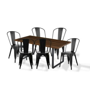 Klik Muebles - Comedor Industrial 160X90 Madera Oscura Walnut + 6 Sillas Tolix Negras