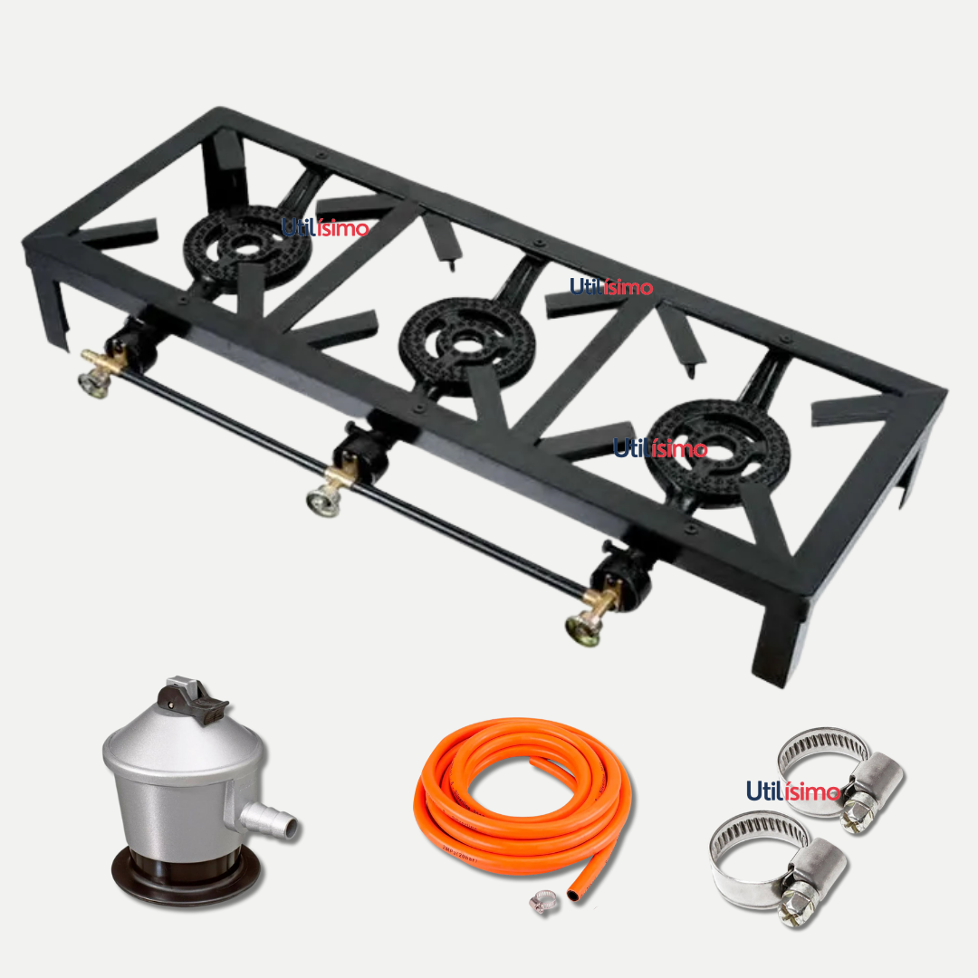 Line - Fogón Cocina A Gas Licuado 3 Platos + Kit De Instalación Camping Hogar