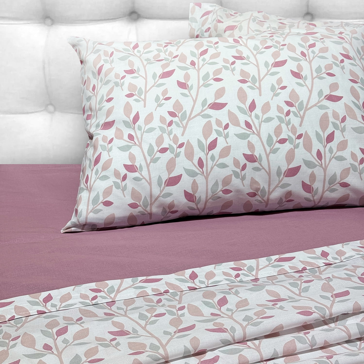 Sabana Andes 144 Hilos Estampada 2 Plaza Hojas Rosa