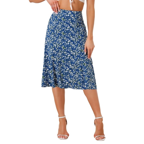INSPIRE CHIC Faldas Midi de Mujer Cintura Elástica Campesina A-Line Faldas Florales Ditsy Azul XL