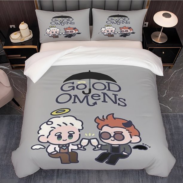 3pcs Good Omen Anime Image Illustration Bedding Duvet Cover and Pillowcases with Multicolor Prints