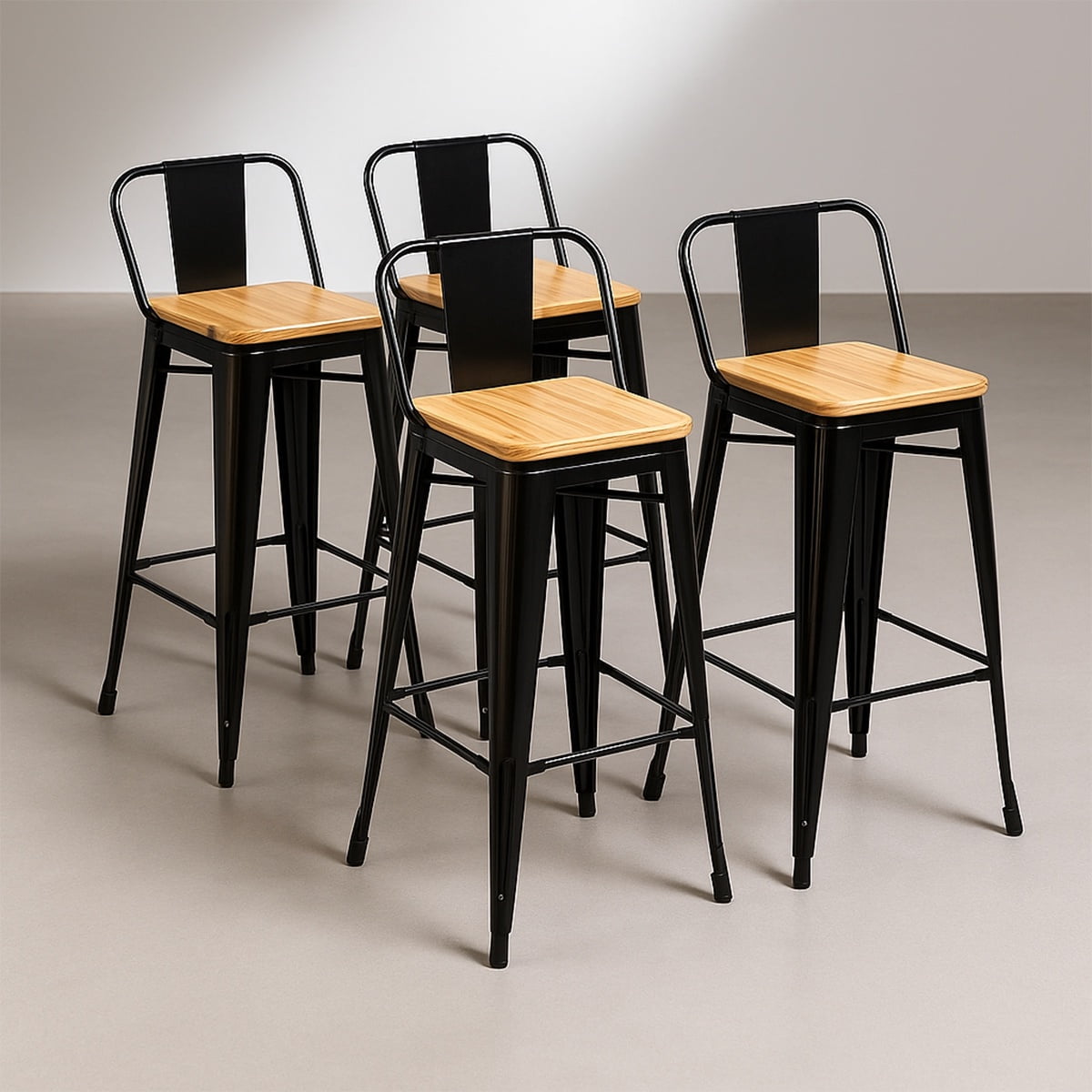 Venhoouse - Pack 4 Taburetes Tolix De Madera 66cm Con Respaldo Venhouse Negro
