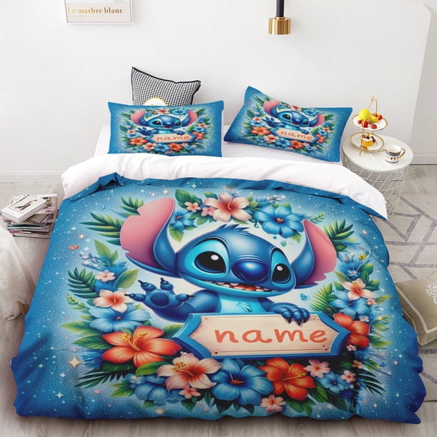 v922 Bed Sheets Personalized Stitch Duvet Cover Custom Name Cartoon Flower Bedding Set Customized Quilt Cover for Women Teens Gifts Bedroom 3-Piece Bedding Set (1 Duvet Cover + 2 Pillow Shams) Bed She