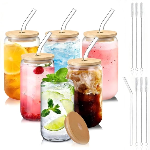 Vasos de vidrio DAMCONME 473 ml con tapas y pajillas, juego de 6