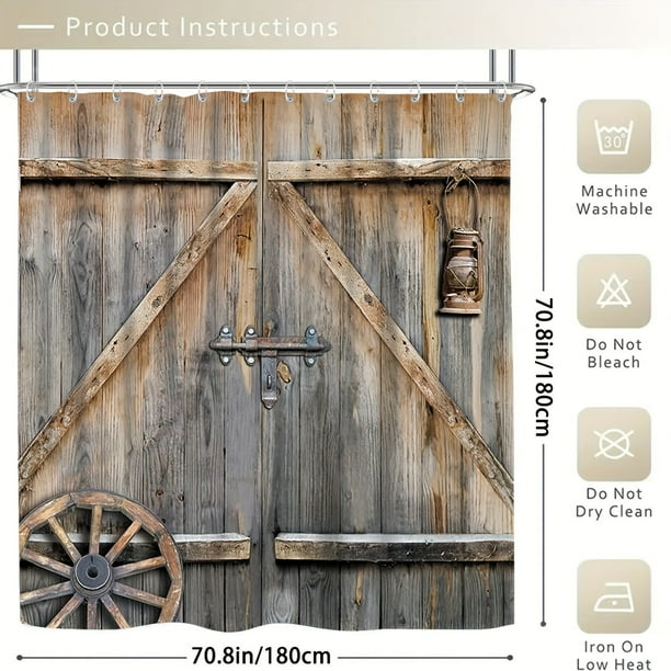 1pc Wooden Door Pattern Shower Curtain With 12 Hooks, Non-Slip Bathroom Rug, Toilet U-Shape Mat, Toilet Lid Cover Pad, Bathroom Decor