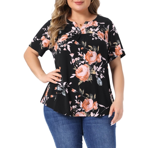 Agnes Orinda Blusa de Mujer Talla Grande para Escuela o Universidad Cuello en V Estampado Floral Manga Corta Top Casual Blusas 3X Negro