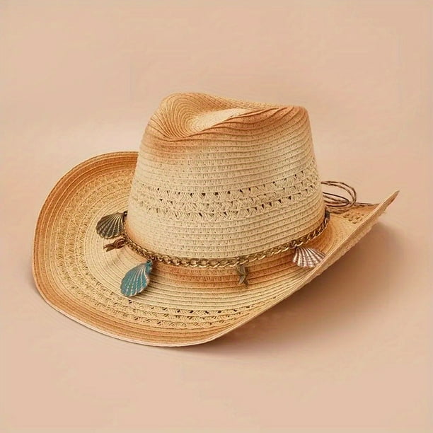 Boho Western Cowboy Straw Hat - Hand Woven Faux Jade Chain Decor Hat for Women, Men, and Unisex - Perfect for Summer Beach and Casual Wear