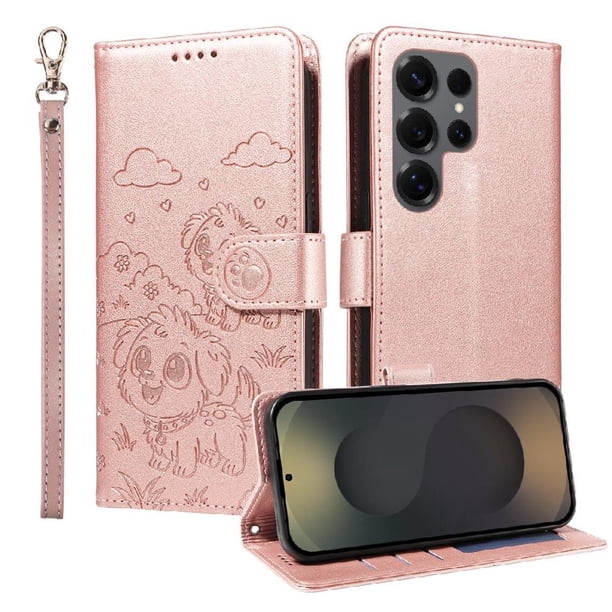 Funda Cartera para Samsung Galaxy S25 Ultra Perro Cachorro Grabado con Tarjetas Soporte Correa Rosa