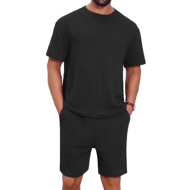 INSPIRE CHIC Conjunto de 2 Piezas para Hombre: Camiseta de Cuello Redondo con Textura Casual y Pantalones Cortos 4XL Negro