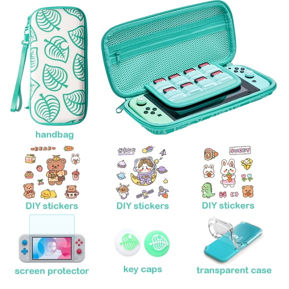 Kit de accesorios para consola de juegos 9 en 1 para Switch Lite, con protector de pantalla, tapas de joystick, funda transparente, calcomanías DIY, bolsa de transporte, correa para la muñeca