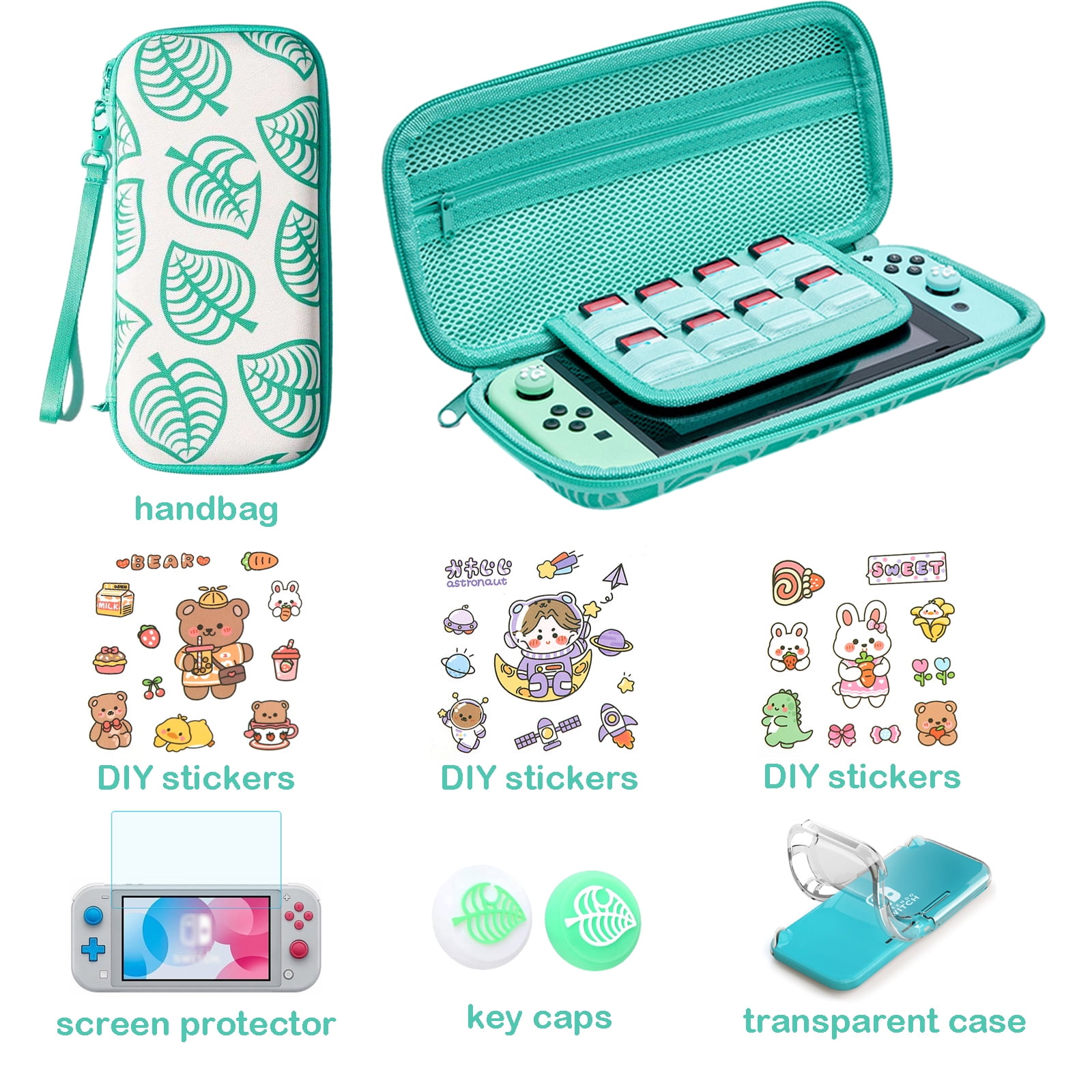 Genérico - Kit De Accesorios Para Consola De Juegos 9 En 1 Para Switch Lite, Con Protector De Pantalla, Tapas De Joystick, Funda Transparente, Calcomanías Diy, Bolsa De Transporte, Correa Para La Muñeca
