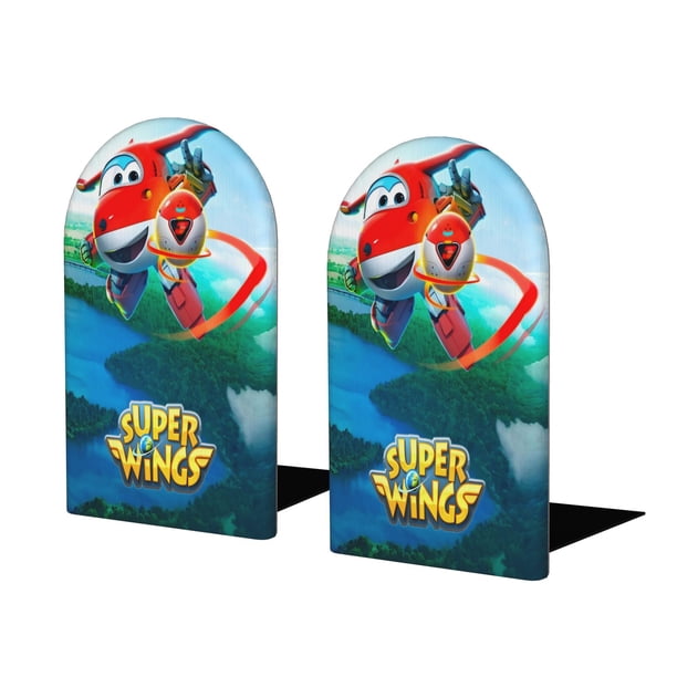 Super Wings Sujetalibros decorativos temáticos, tope para estantería con base antideslizante, uso dual para hogar y oficina - 2 piezas