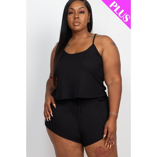 Conjunto de Top y Shorts de Canalé con Tirantes, Talla 3XL, Color Negro