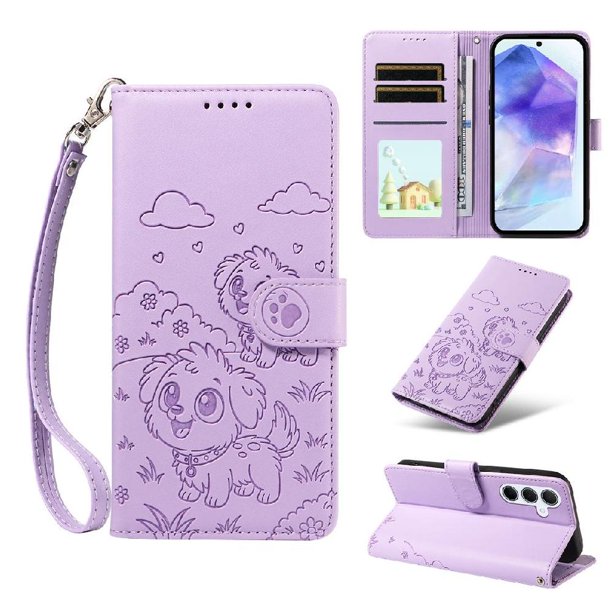 Funda Cartera para Samsung Galaxy A55 Perro Cachorro Grabado con Tarjetas Soporte Correa Morado