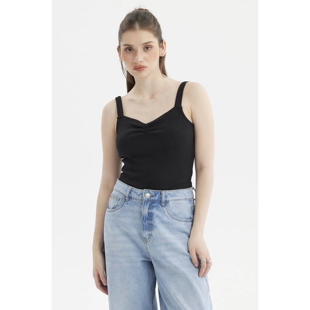 Polera Mujer Escote Corazón Y Recogido Negro