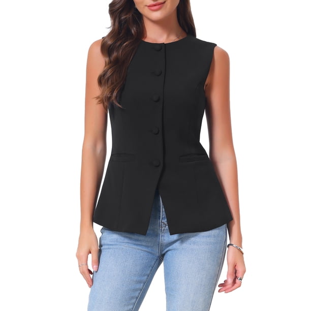 INSPIRE CHIC Chaleco de traje con cuello redondo para mujer, chaleco ajustado sin mangas con bolsillos XS Negro
