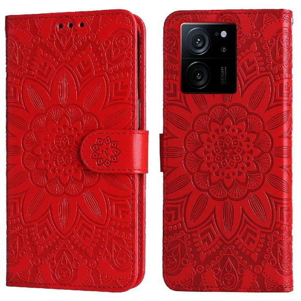 Funda tipo cartera FOXDOCK para Xiaomi 13T Pro , diseño girasol en relieve, cuero PU, cierre magnético, soporte y tarjetero