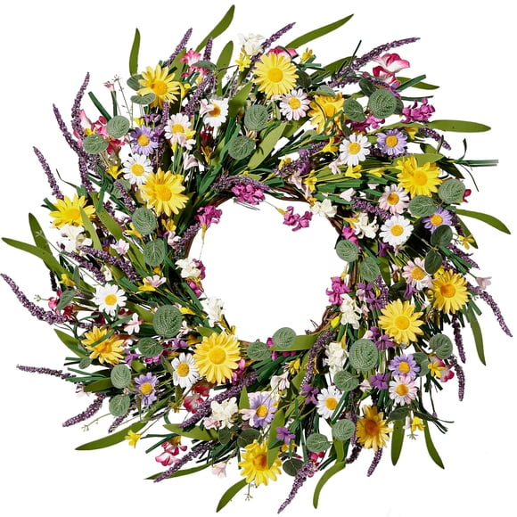 Corona de seda artificial Sggvecsy con diseño de margarita y lavanda, 55 cm