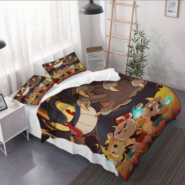 3pcs Tea Cup Head Poster Duvet Cover Set - The Set Includes a Duvet Cover And Pillowcases s Bedding
