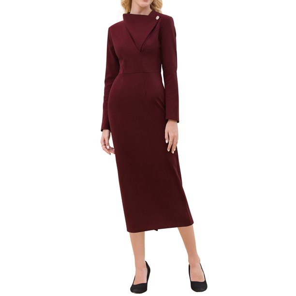 INSPIRE CHIC Vestido Elegante de Mujer con Cuello de Solapa en V, Manga Larga, Tendencia 2025, Vestidos de Trabajo a la Rodilla, Talla M, Rojo Oscuro