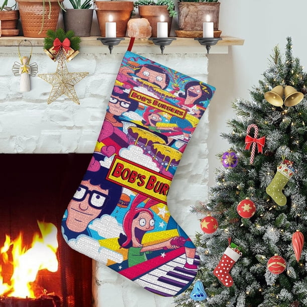 Hamburguesas de Bob Tema: Calcetines de Navidad, fino lino blanco para colgar en escaleras y chimenea, decoración navideña para el hogar, regalo de Navidad. 45cm × 32cm