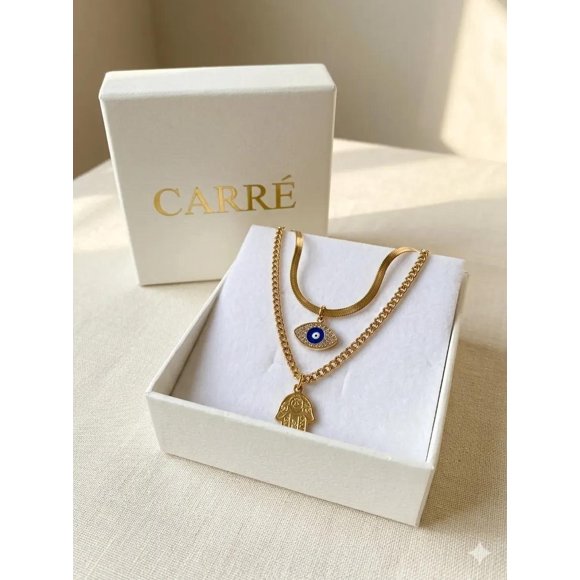 Collar Carré Mujer Doble Cadena,mano De Fatima Y Ojo Turco Dorado